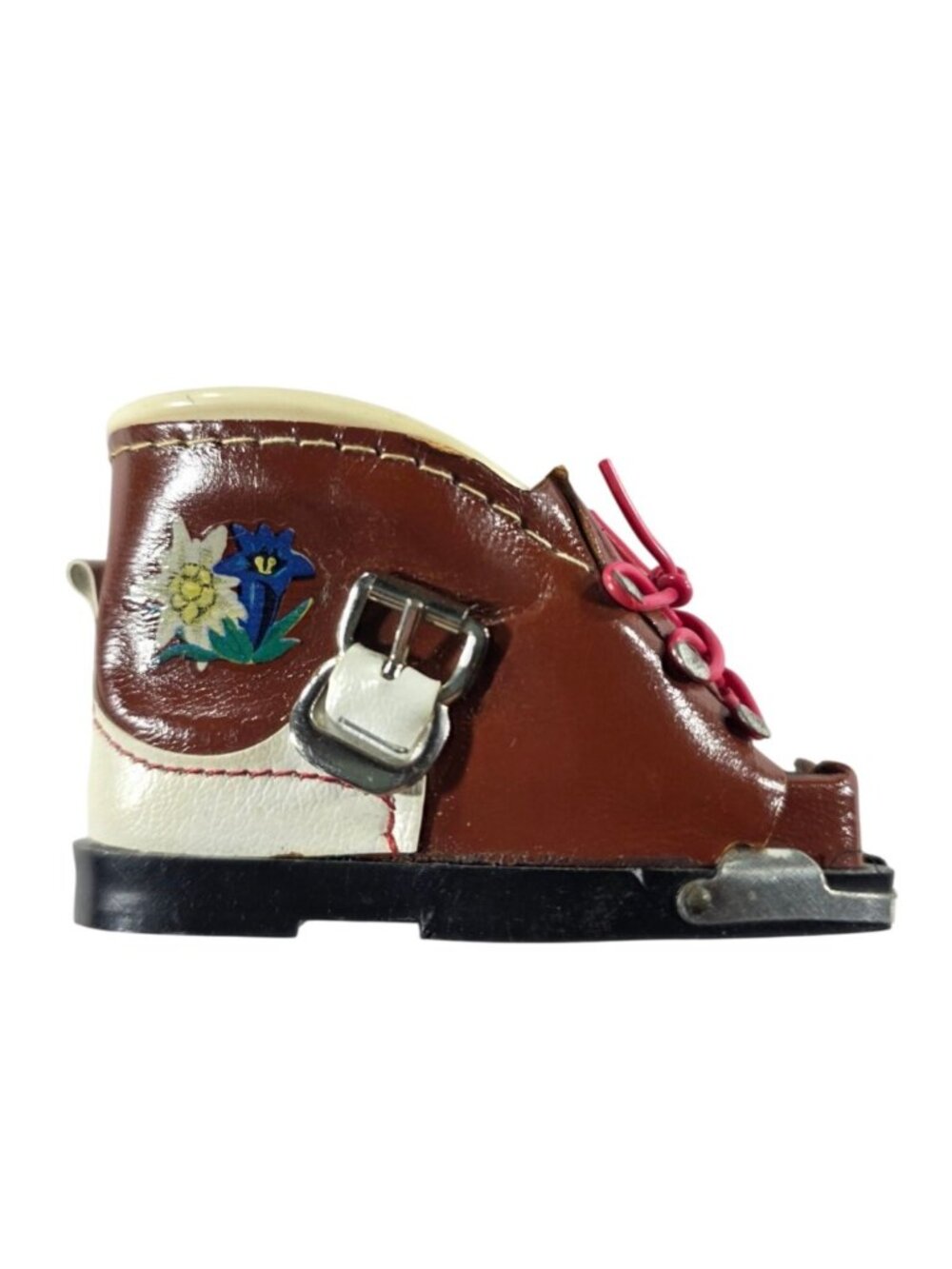 Vtg Alpine Boot Matchbox Holder Floral Brown White Collectible Gift